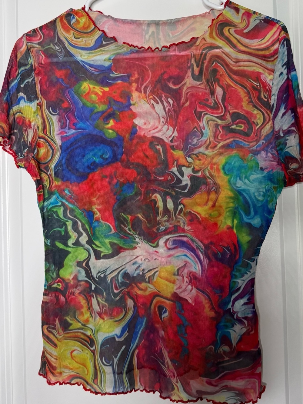 Multicolor Swirl Mesh Short Sleeve Top abstract artsy blouse stretch size LG
